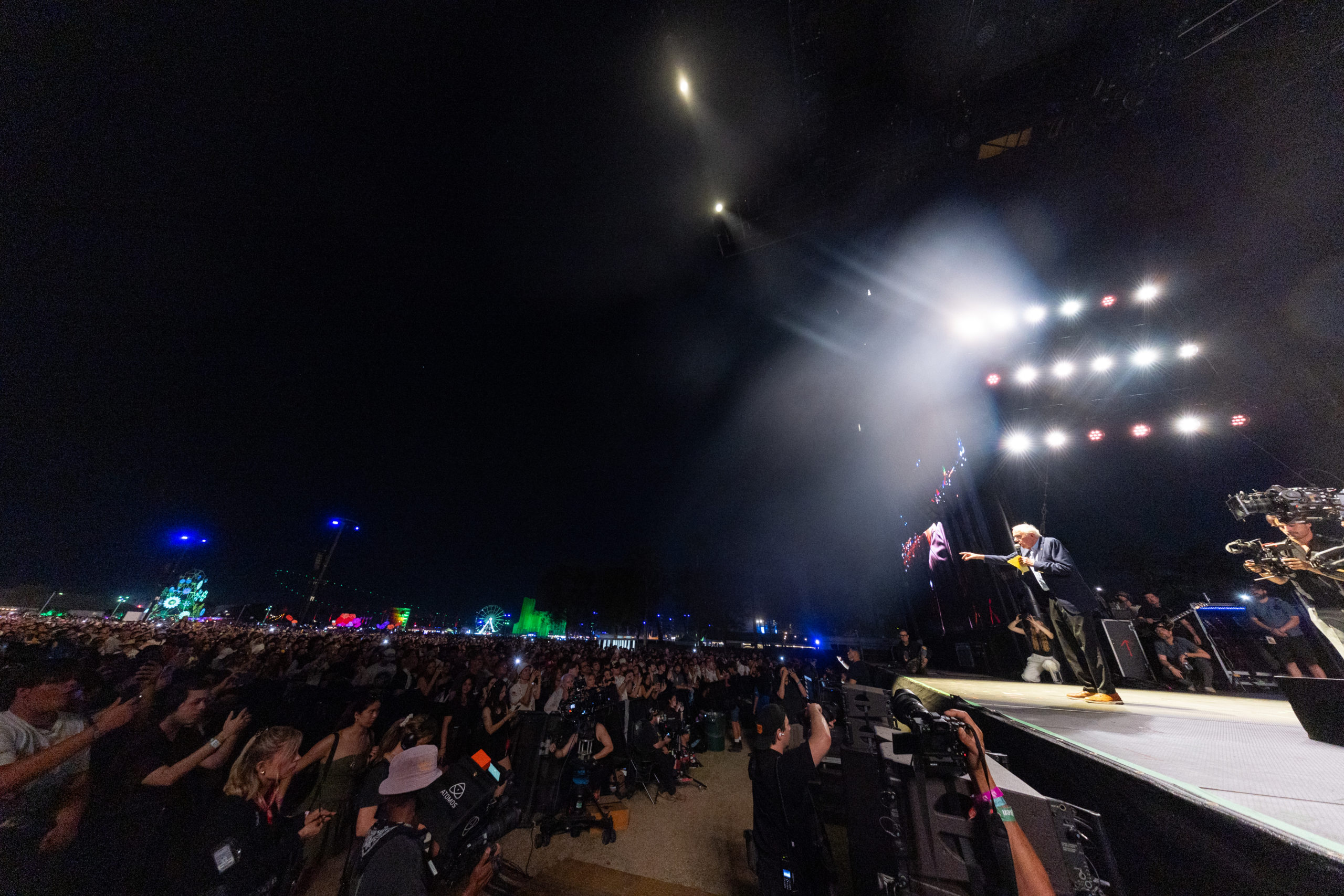 INDIO, CALIFORNIA - APRIL 12: (FOR EDITORIAL USE ONLY) Bernie Sanders speaks onstage at the Outdoor Theatreon April 12, 2025 in Indio, California. (Photo by Matt Winkelmeyer/Getty Images for Coachella)