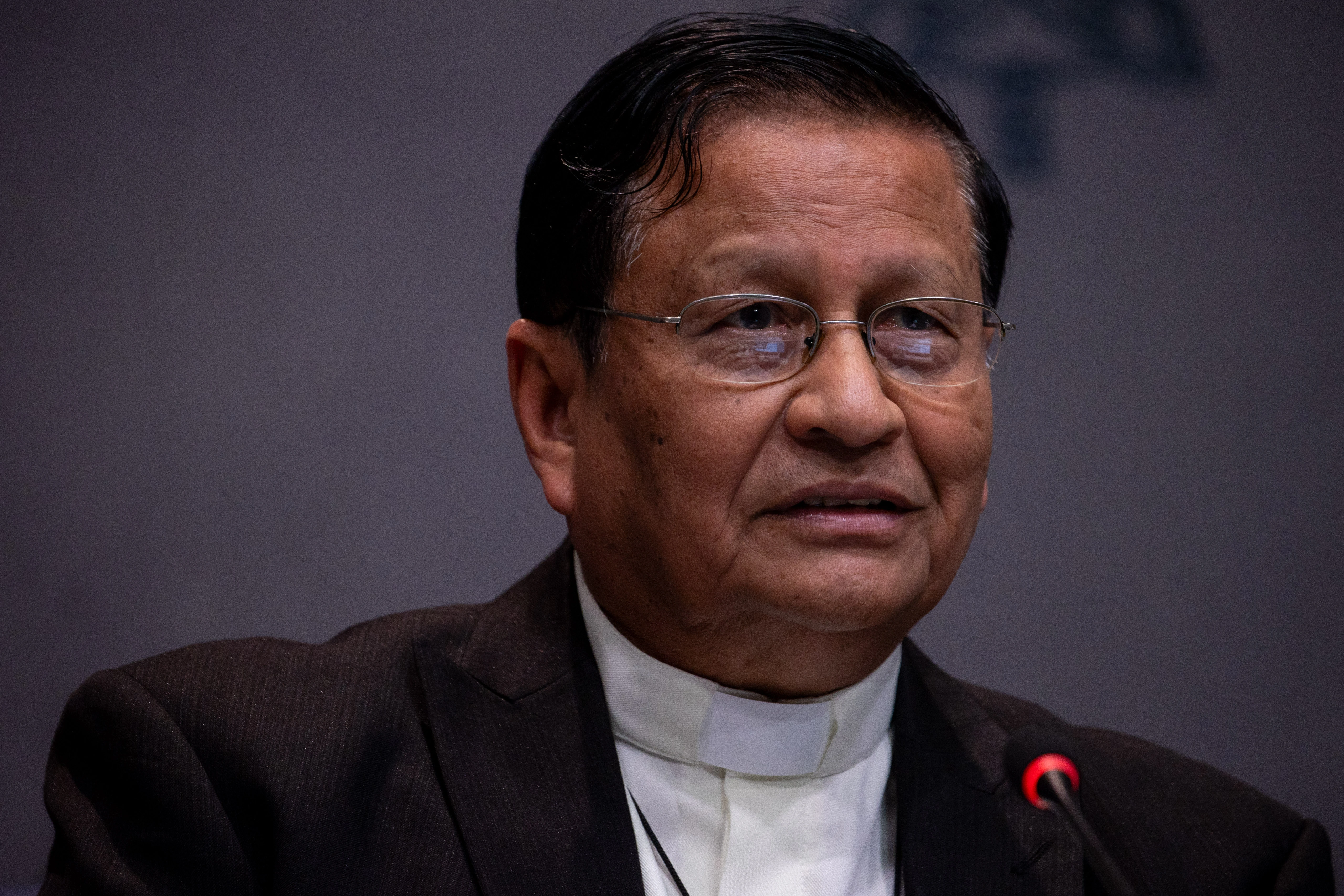 Cardinal Charles Bo speaks with journalists at a Synod on Synodality press briefing on Oct. 17, 2024. Credit: Daniel Ibañez/CNA