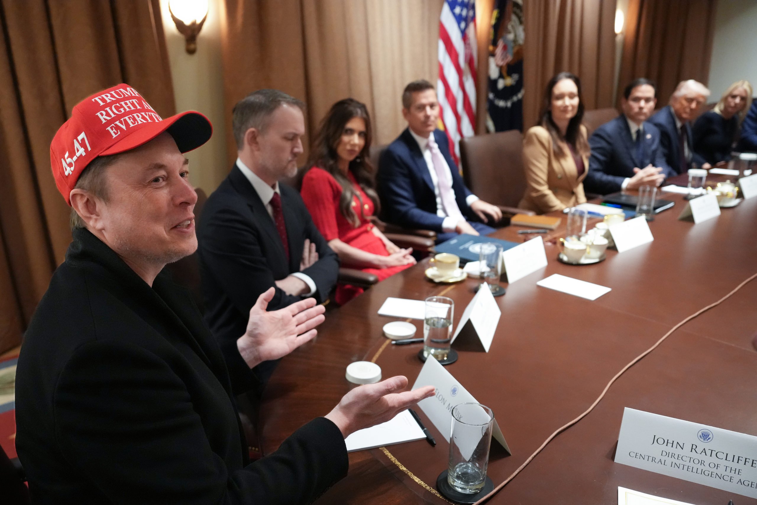 White House Senior Advisor, Tesla and SpaceX CEO Elon Musk (L) speaks during a cabinet meeting held by U.S. President Donald Trump at the White House on March 24, 2025 in Washington, DC. This is Trump's third cabinet meeting of his second term, and it focused on spending cuts proposed by the Department of Government Efficiency (DOGE) (Photo by Win McNamee/Getty Images)