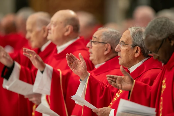Cardinals celebrate the sixth Novendiales Mass for Pope Francis on May 1, 2025, in St. Peter’s Basilica at the Vatican. Credit: Daniel Ibañez/CNA