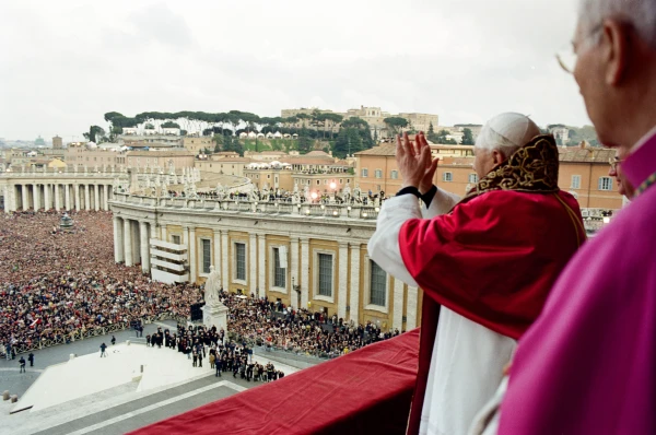 Pope Benedict XVI on the benediction loggia of St. Peter's Basilica after the announcement of his election as pope April 19, 2005. Credit: Vatican Media