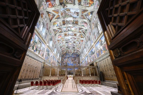 The Sistine Chapel awaits the arrival of cardinal electors for the conclave to elect the next pope, Tuesday, May 6, 2025. Credit: Vatican Media