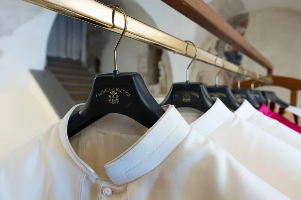 Vestments rest in the Room of Tears at the Sistine Chapel ahead of the conclave to elect the next pope, Tuesday, May 6, 2025. Credit: Vatican Media