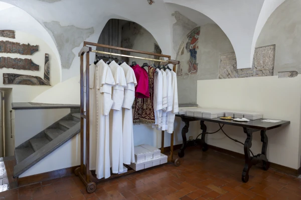 Vestments rest in the Room of Tears at the Sistine Chapel ahead of the conclave to elect the next pope, Tuesday, May 6, 2025. Credit: Vatican Media