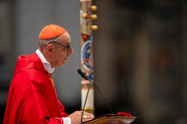 Cardinal Víctor Manuel Fernández delivers the homily during the sixth Novendiales Mass for Pope Francis on May 1, 2025, in St. Peter’s Basilica at the Vatican. Credit: Daniel Ibañez/CNA