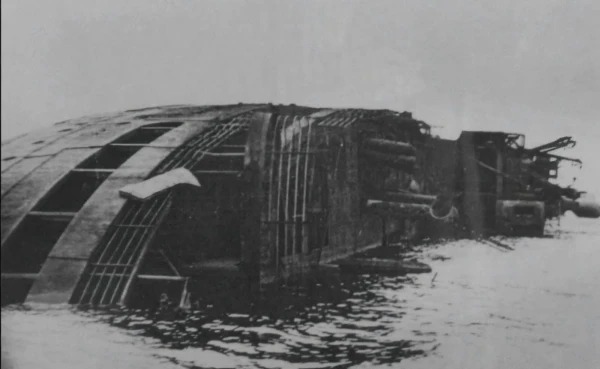 The ship Cap Arcona after British aircraft bombed it in the Gulf of Lübeck on May 3, 1945. The British military carried out an air raid on three German ships, identified as military targets possibly carrying fleeing SS soldiers. However, on board were thousands of concentration camp prisoners. Nearly 7,000 people perished. Credit: Photo courtesy of Father Piotr Wiśniowski