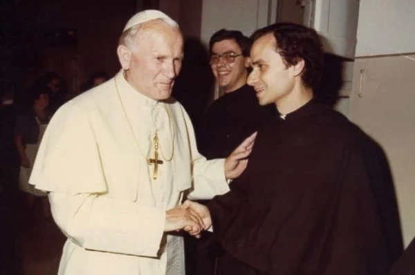 St. John Paul II and a young Robert Francis Prevost, wearing the black habit of the Augustinians. Credit: Courtesy of the Augustinian Midwest Province (USA) Our Mother of Good Counsel