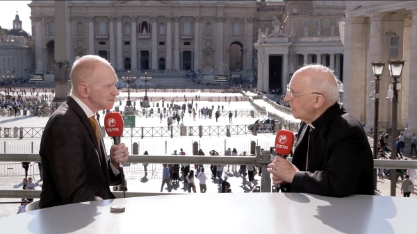 Cardinal Fernando Filoni speaks to EWTN News Vice President and Editorial Director Matthew Bunson in Rome on Friday, May 9, 2025. Credit: EWTN News