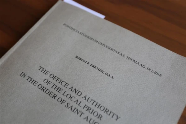 The thesis of then-Father Robert Prevost, now Pope Leo XIV, titled “The Role of the Local Prior in the Order of St. Augustine,” which Prevost wrote while a student at Rome’s Pontifical University of St. Thomas Aquinas in the early 1980s. Credit: Zofia Czubak/EWTN News