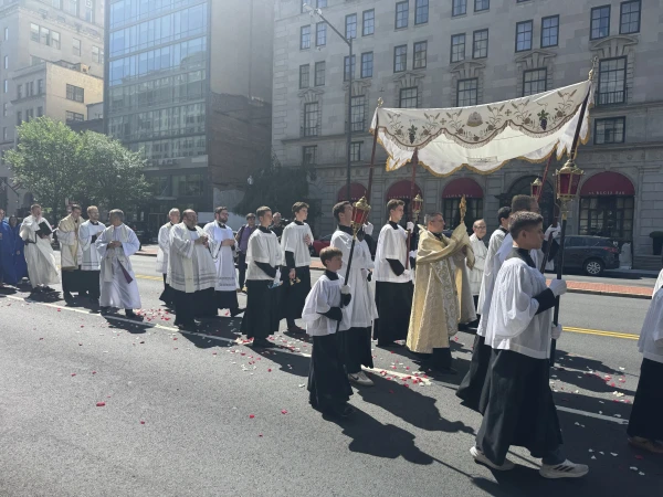 The Blessed Sacrament is held aloft during a Eucharistic procession through Washington, D.C., Saturday, May 17, 2025. Credit: Tessa Gervasini