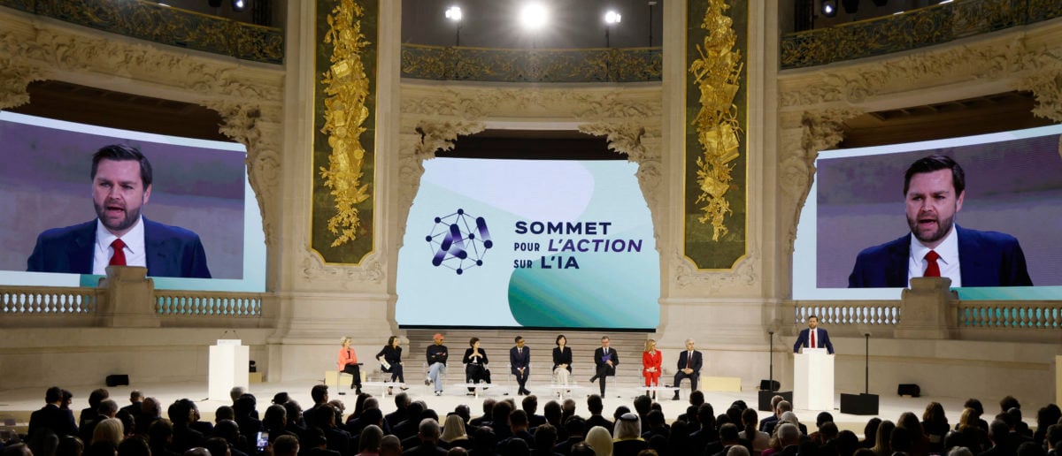 US Vice President JD Vance (R) speaks during a plenary session at the Artificial Intelligence (AI) Action Summit, at the Grand Palais, in Paris, on February 11, 2025. (Photo by LUDOVIC MARIN/AFP via Getty Images)