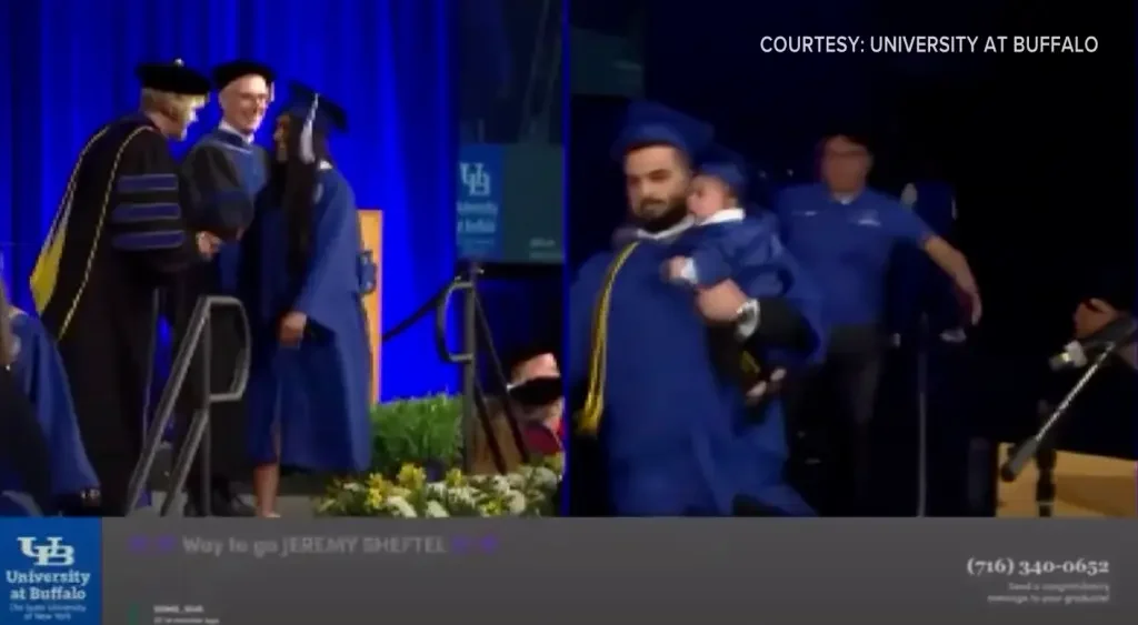 Chaotic Scene Unfolds as NY Graduate is chased on Stage by Police While Holding Infant Son [WATCH]