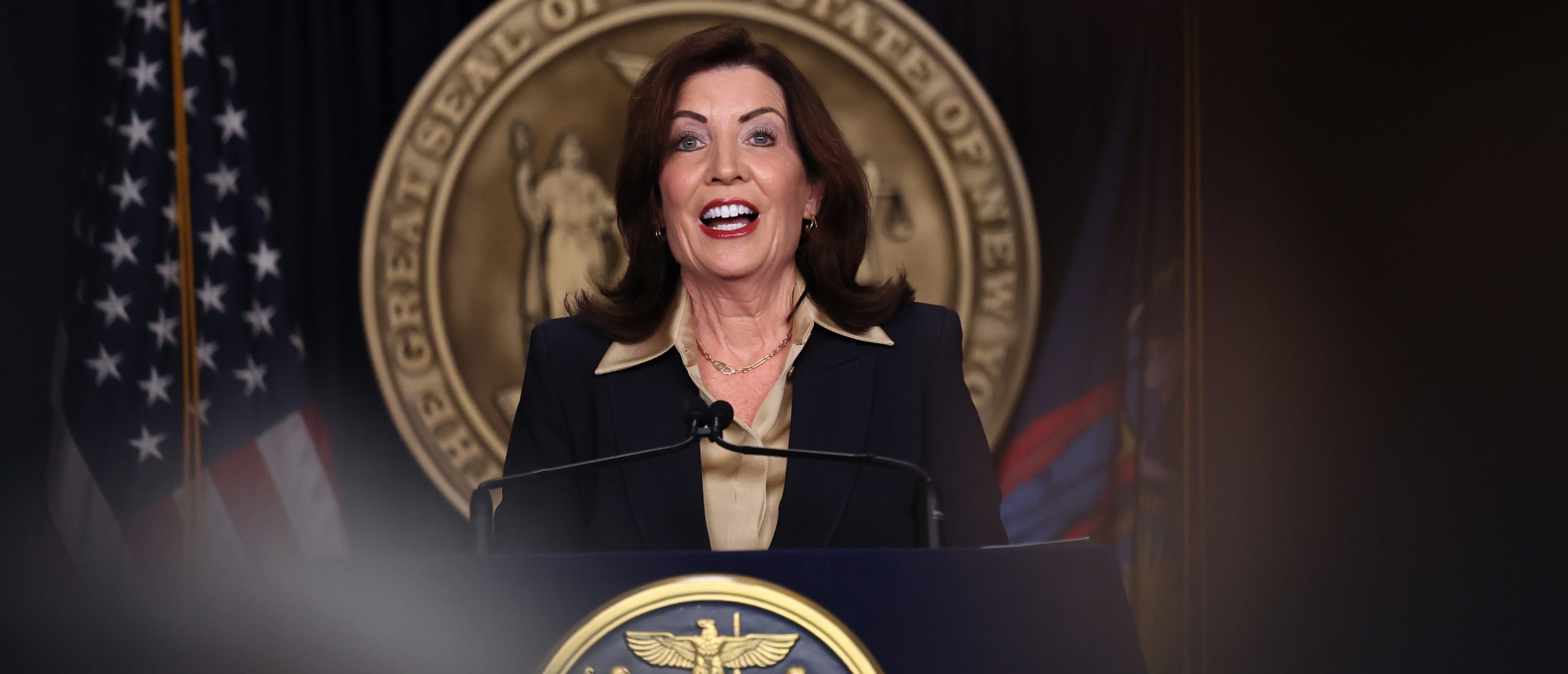 New York Gov. Kathy Hochul speaks during a press conference at her Manhattan office on February 20, 2025 in New York City. (Photo by Michael M. Santiago via Getty Images)