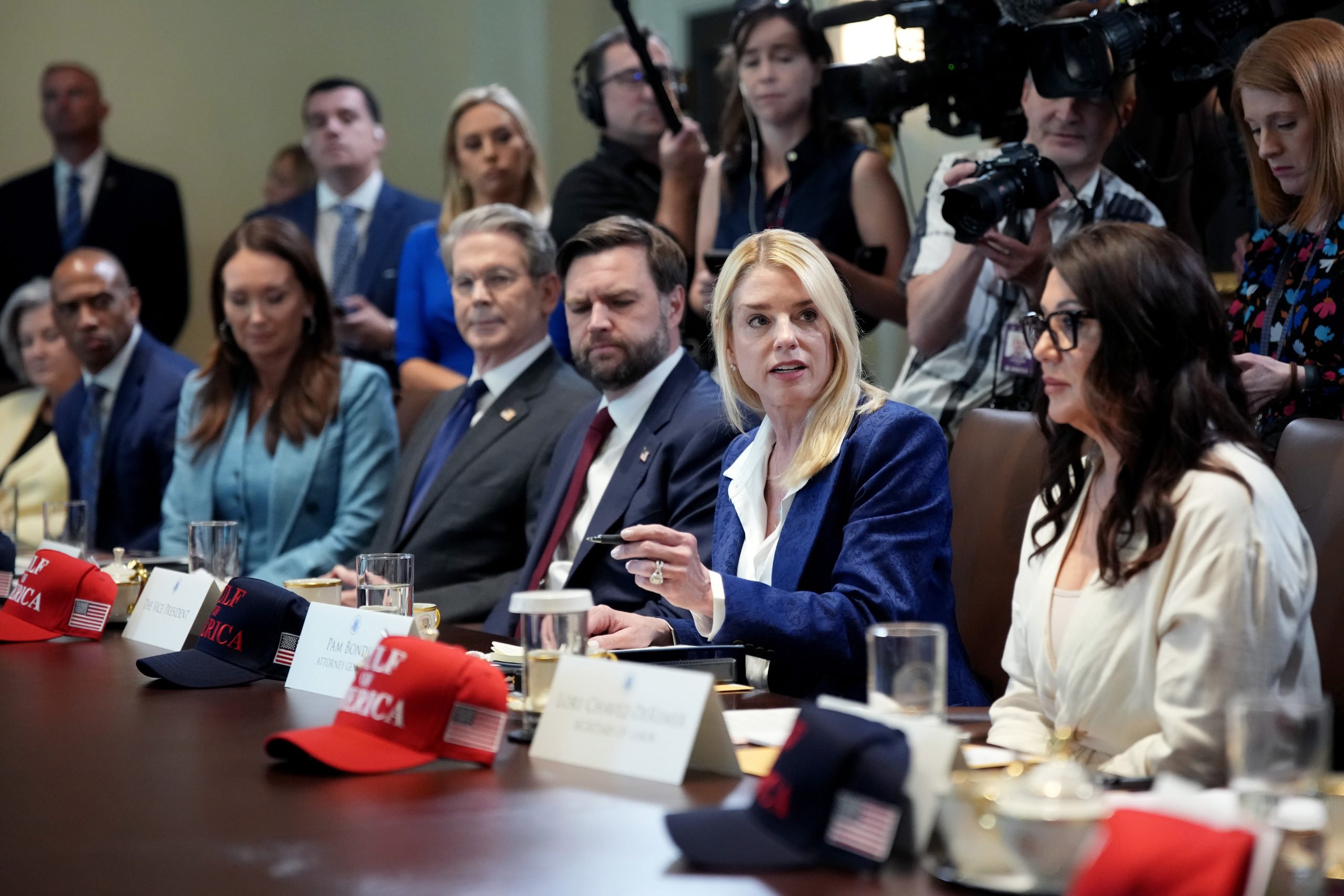 U.S. Attorney General Pam Bondi (2R) speaks during a Cabinet meeting at the White House on April 30, 2025 in Washington, DC. Trump convened the meeting as reports released today say the U.S. economy contracted 0.3% in the first quarter of 2025, the first negative reading in three years, fueled by a massive surge in imports ahead of the administration's expected tariffs. (Photo by Andrew Harnik/Getty Images)
