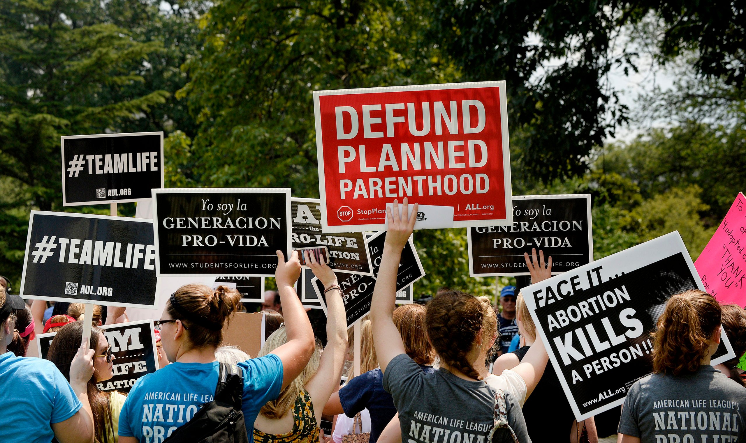 WASHINGTON, DC - JULY 28: Anti-abortion activists hold a rally opposing federal funding for Planned Parenthood in front of the U.S. Capitol on July 28, 2015 in Washington, DC. Sen. Rand Paul (R-KY) announced a Senate deal to vote on legislation to defund Planned Parenthood before the Senate goes into recess in August. (Photo by Olivier Douliery/Getty Images)