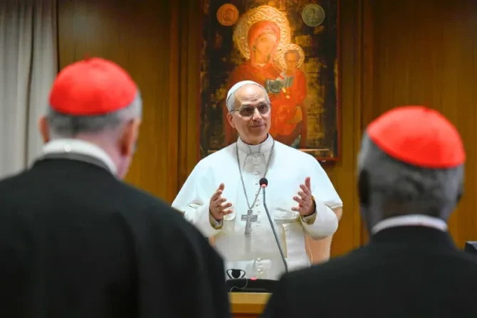 Pope Leo XIV speaking before cardinals in Rome after his election. May 2025. | Credit: Vatican Media