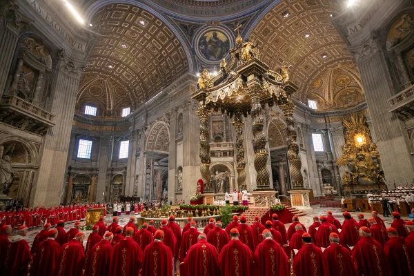 Cardinals participate in the fifth Novendiales Mass for Pope Francis on April 30, 2025, in St. Peter’s Basilica at the Vatican. Credit: Daniel Ibañez/CNA