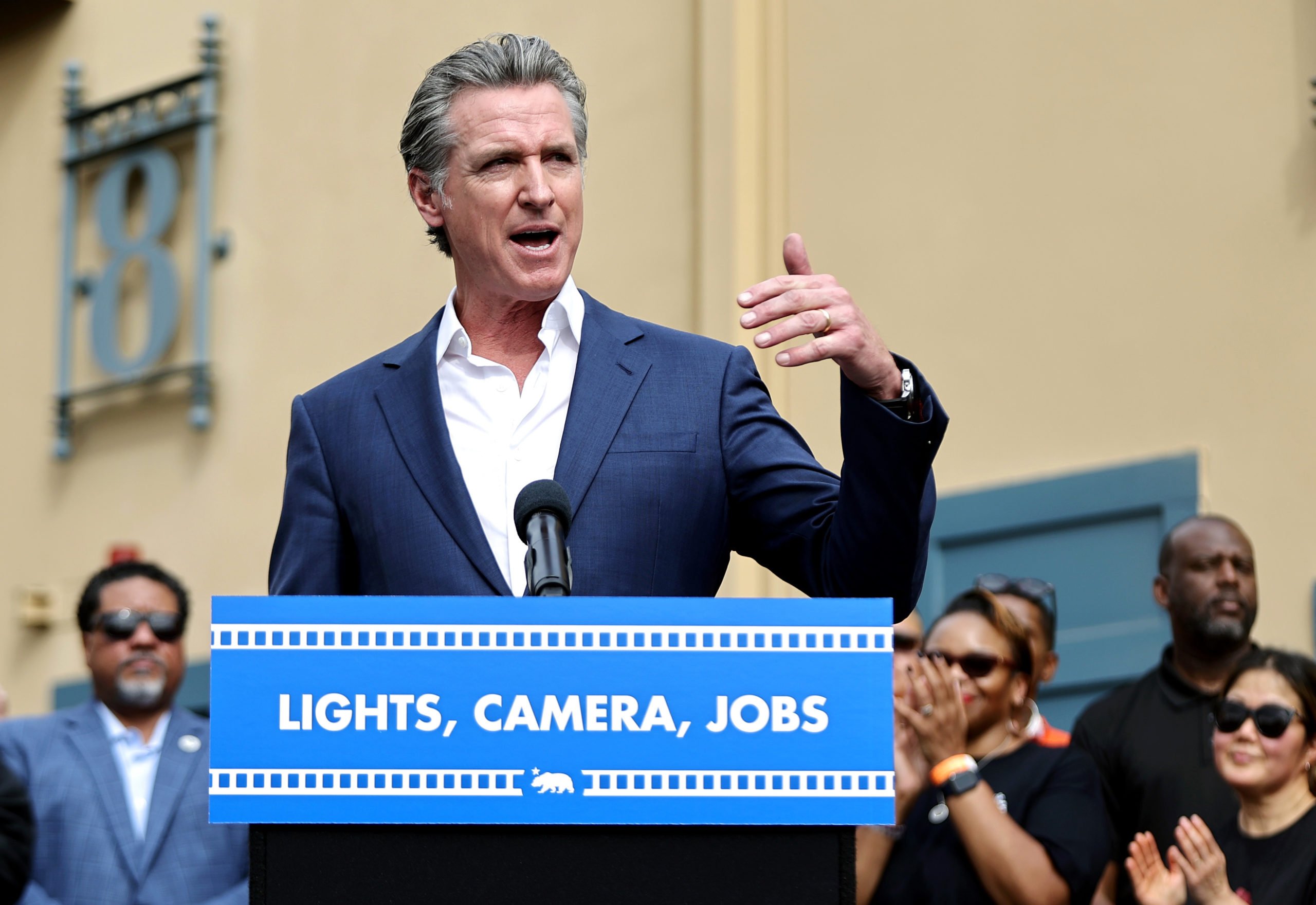 California Governor Gavin Newsom speaks during a press conference at Raleigh Studios unveiling a vast expansion of California’s Film and Television Credit Program (Photo by Mario Tama/Getty Images)