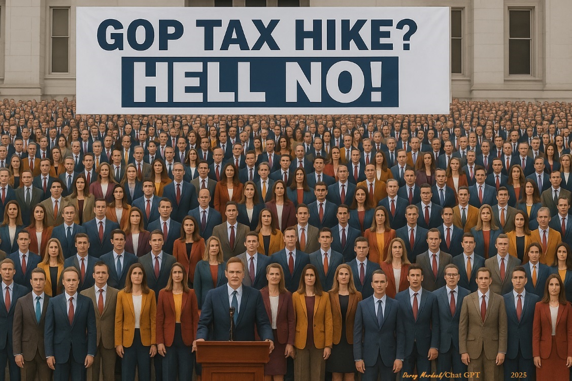 No More GOP Tax-Hike Talk! Silence Is Golden. 3 Image of GOP press conference, generated by Deroy Murdock using ChatGPT