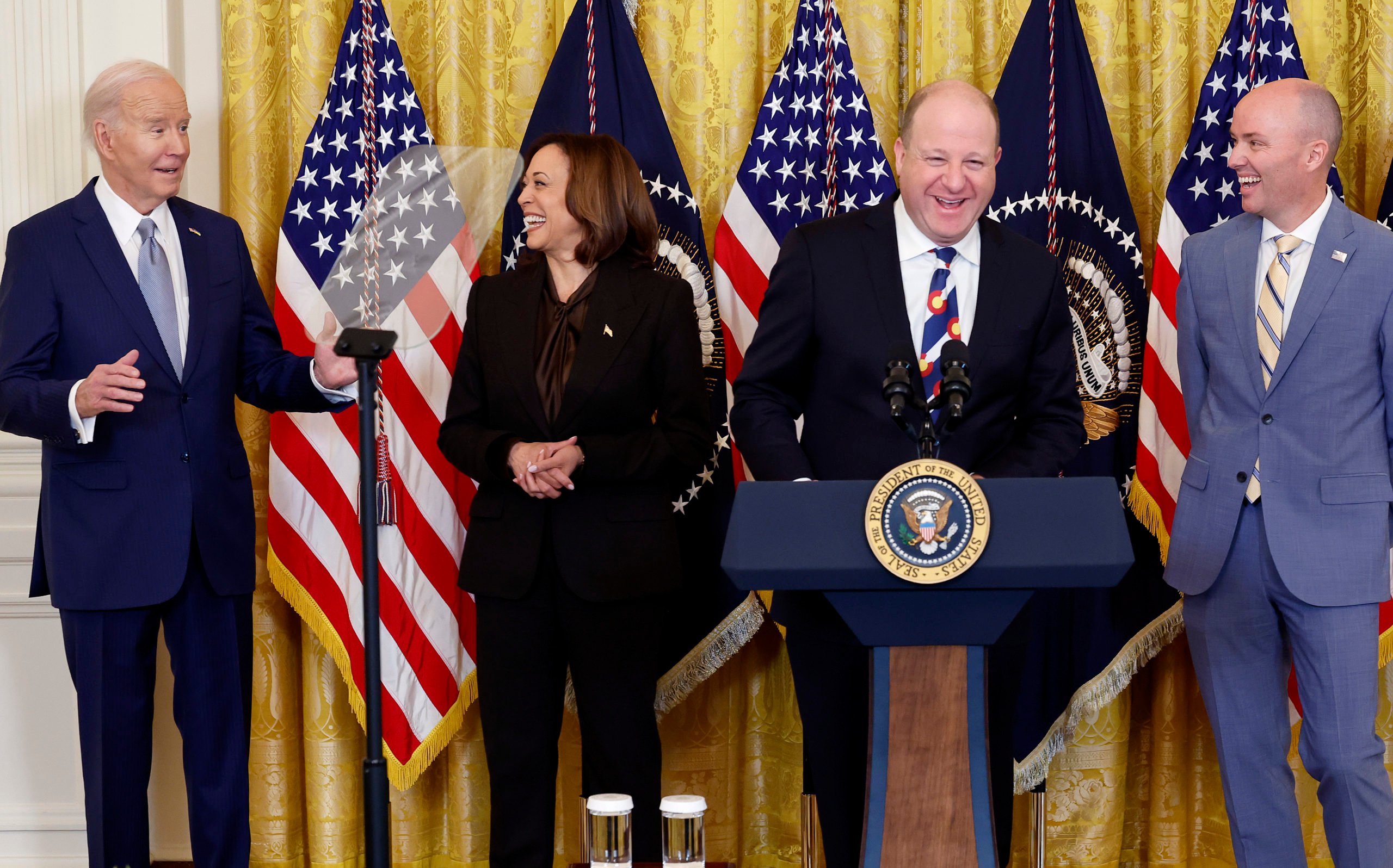 WASHINGTON, DC - FEBRUARY 23: U.S. President Joe Biden (L) and Vice President Kamala Harris host Colorado Governor Jared Polis (3rd L), Utah Governor Spencer Cox and governors from across the country for an event in the East Room of the White House on February 23, 2024 in Washington, DC. The state and territorial leaders are in Washington for the annual National Governors Association Winter Meeting. (Photo by Chip Somodevilla/Getty Images)