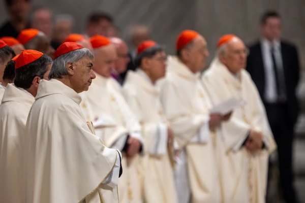 Cardinals celebrate the ninth Novendiales Mass for Pope Francis on the third Sunday of Easter, May 4, 2025, at St. Peter’s Basilica in the Vatican. Credit: Daniel Ibañez/CNA