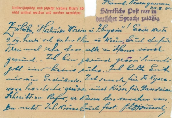 A letter from Sebastian Wiśniowski sent by the camp post office from Neuengamme Concentration Camp to his wife, Józefa, and children in Szczawnica, Poland. Credit: Photo courtesy of Father Piotr Wiśniowski