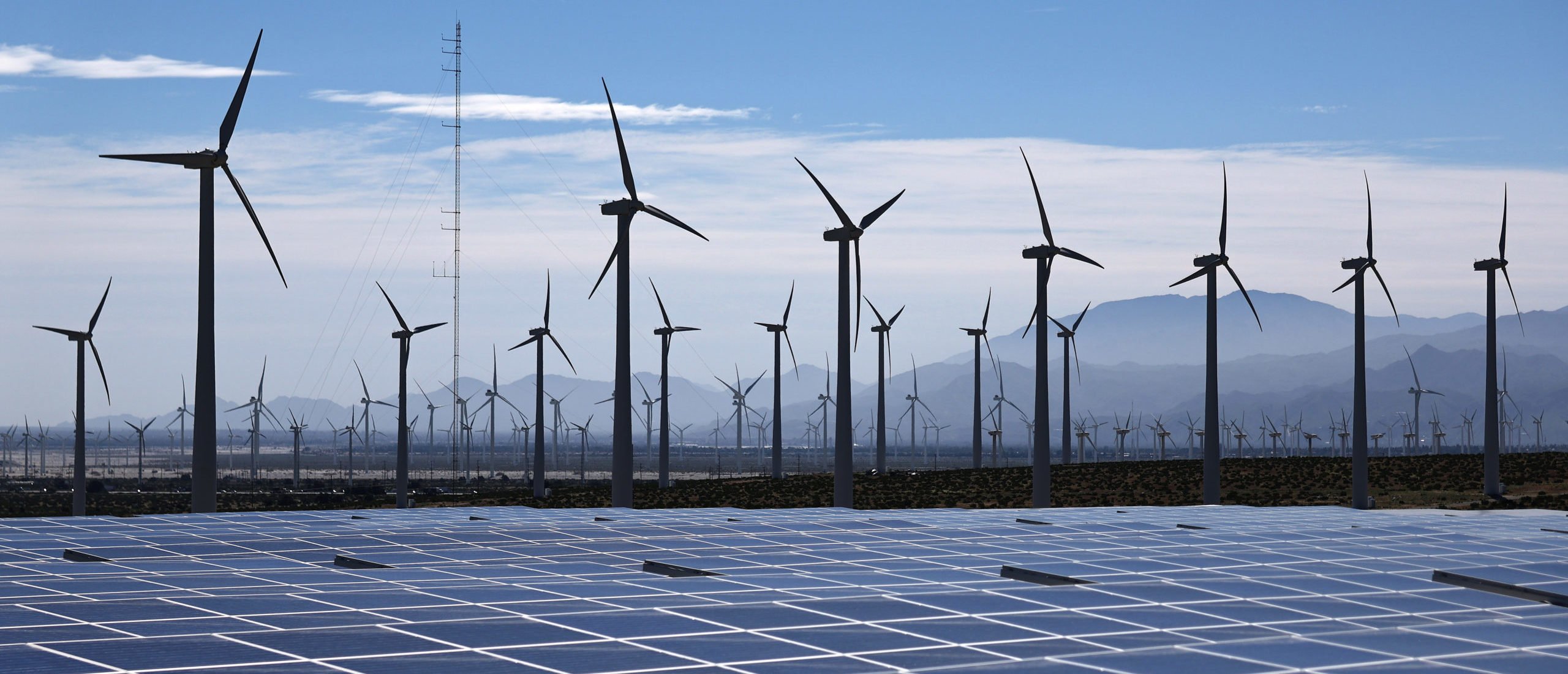 Wind turbines operate at a wind farm near solar panels on March 06, 2024 near Palm Springs, California. (Photo by Mario Tama/Getty Images)