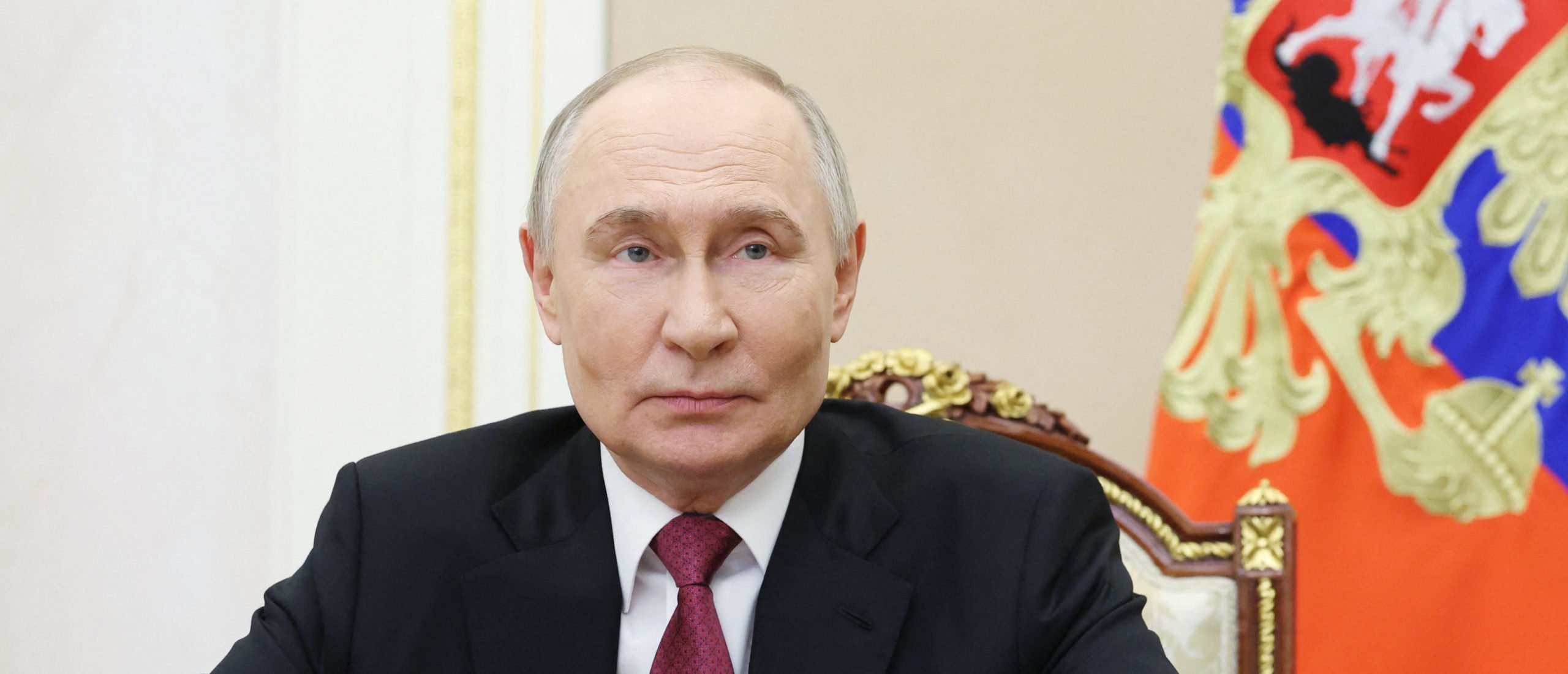 In this pool photograph distributed by Russian state agency Sputnik, Russia's President Vladimir Putin addresses on the occasion of the 100th anniversary of the first issue of Komsomolskaya Pravda newspaper in Moscow on May 24, 2025. (Photo by ALEXANDER KAZAKOV/POOL/AFP via Getty Images)