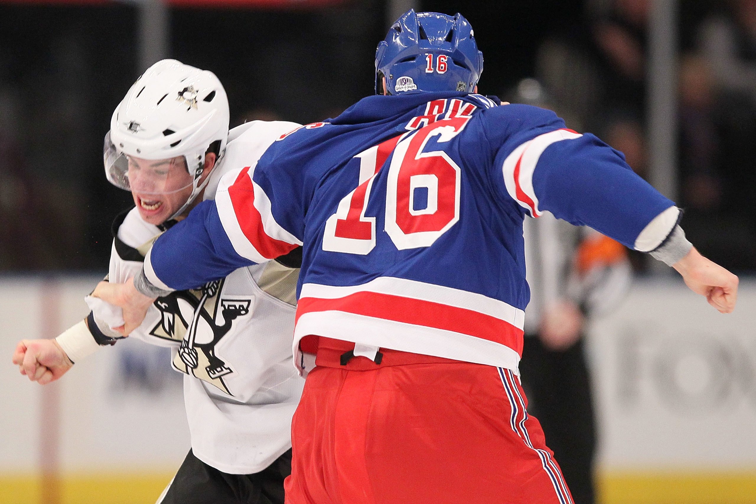 NEW YORK, NY - NOVEMBER 29: Sean Avery #16 of the New York Rangers fights with Tyler Kennedy #48 of the Pittsburgh Penguins during their game on November 29, 2010 at Madison Square Garden in New York City. (Photo by Chris McGrath/Getty Images)