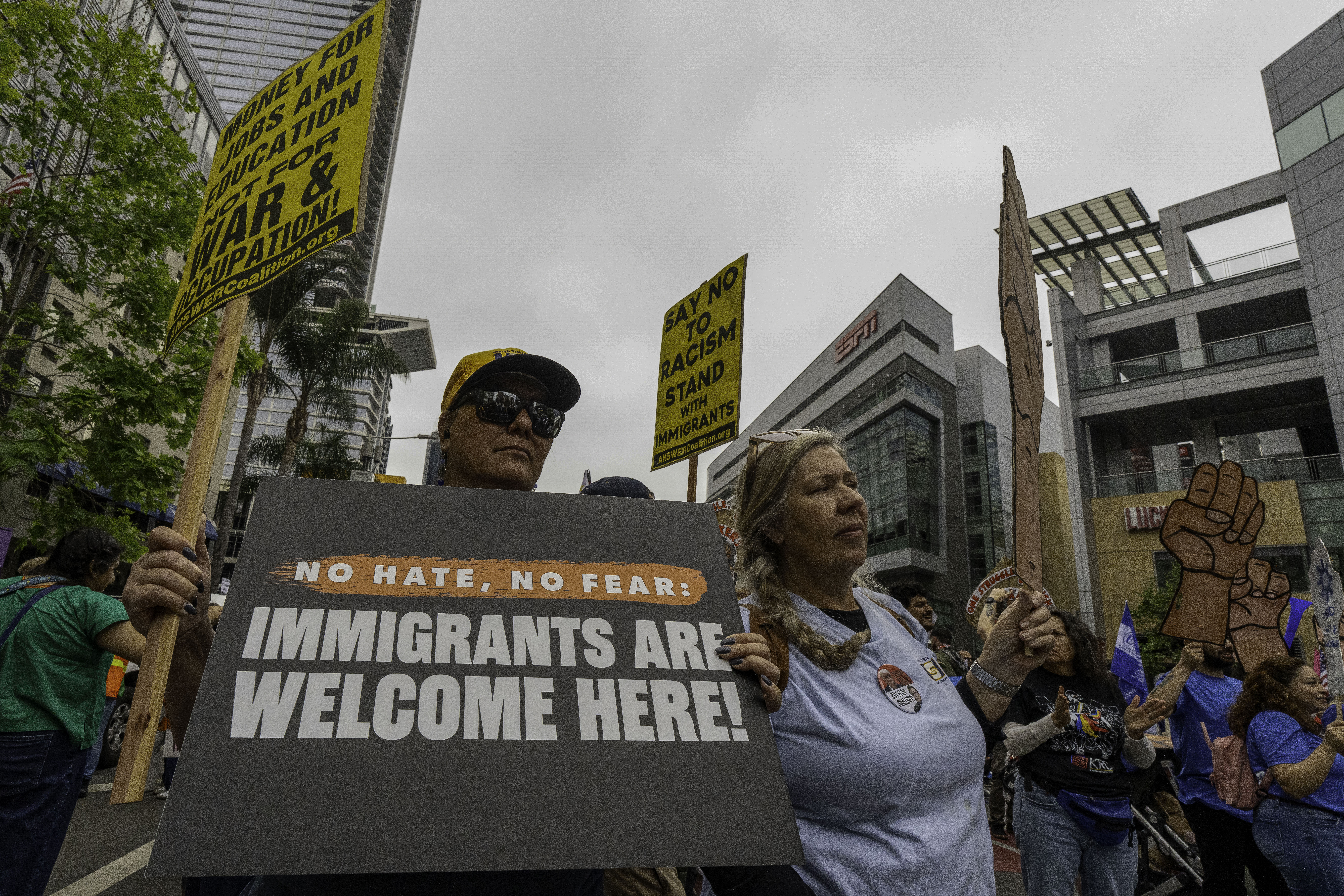 Thousands of people fill the streets of Los Angeles, California on May 1, 2025 to attend the rally of May Day, also known as Workers' Day. In addition to calling for workers rights, the rally turned to a stage to criticize Trump's decision including his immigration policies. (Photo by Ali Matin / Middle East Images / Middle East Images via AFP) (Photo by ALI MATIN/Middle East Images/AFP via Getty Images)