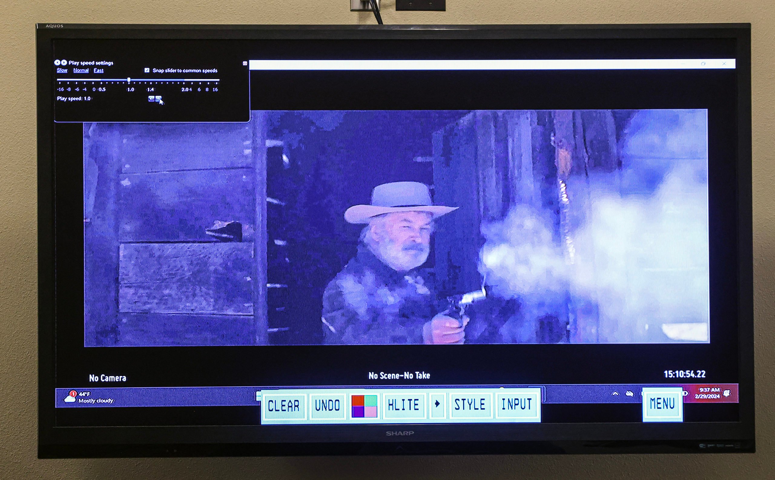 SANTA FE, NEW MEXICO - FEBRUARY 28: A still from a video clip featuring Alec Baldwin shown during the involuntary manslaughter trial of Hannah Gutierrez-Reed at the First Judicial District Courthouse on February 29, 2024 in Santa Fe, New Mexico. Gutierrez-Reed, who was working as the armorer on the movie "Rust" when a revolver actor Alec Baldwin was holding fired killing cinematographer Halyna Hutchins and wounded the film's director Joel Souza, is charged with involuntary manslaughter and tampering with evidence. (Photo by Gabriela Campos-Pool/Getty Images)