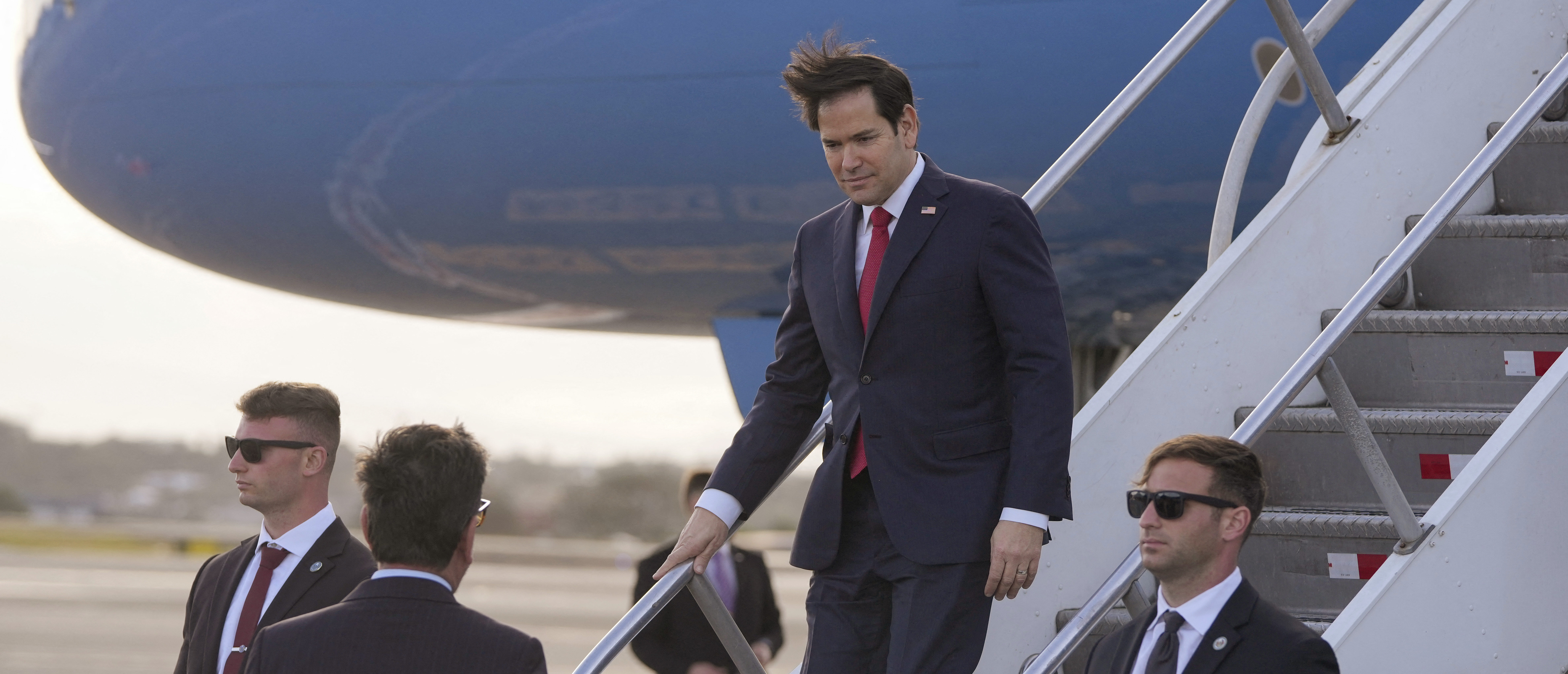 US Secretary of State Marco Rubio arrives at Juan Santamaria International Airport near San Jose, Costa Rica on February 4, 2025. (Photo by MARK SCHIEFELBEIN/POOL/AFP via Getty Images)