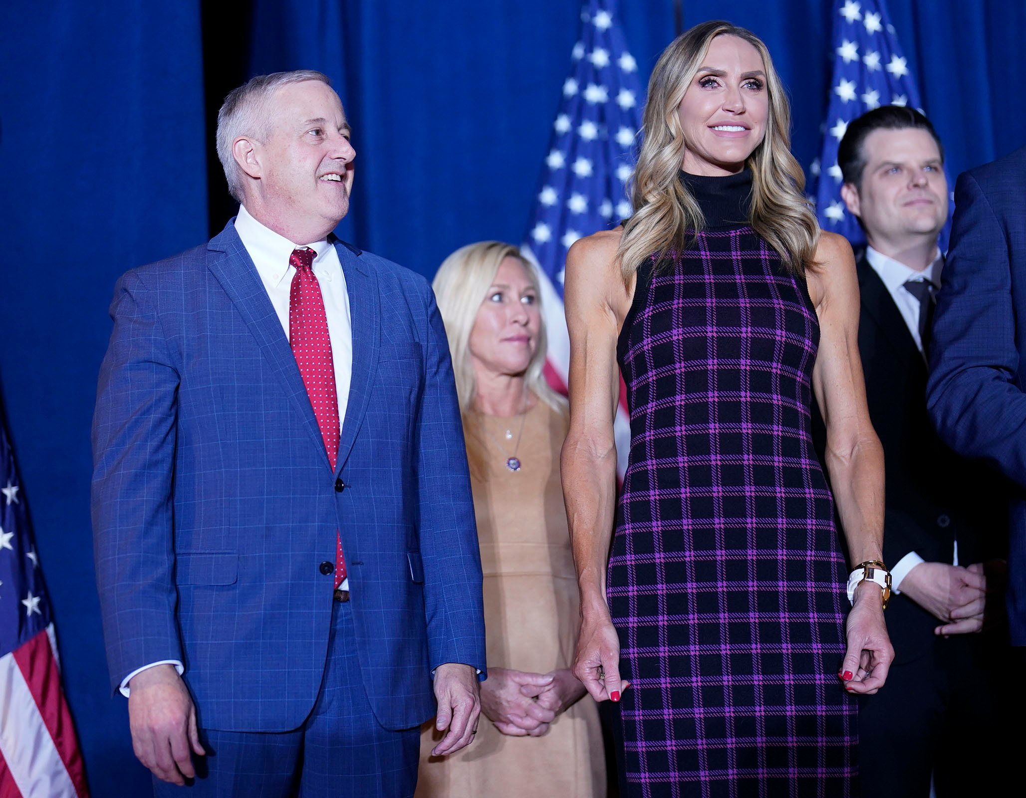 Michael Whatley and Lara Trump listen as Republican presidential candidate former president Donald Trump speaks during a South Carolina Republican primary night watch party at the South Carolina State Fairgrounds in Columbia, SC on Saturday, Feb. 24, 2024. (Photo by Jabin Botsford/The Washington Post via Getty Images)