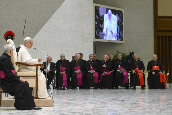 Pope Leo XIV addresses priests of Rome in the Vatican's Paul VI Hall on Thursday, June 12, 2025. Credit: Vatican Media