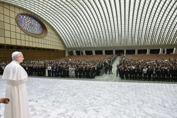 Pope Leo XIV greets priests of the Diocese of Rome in the Vatican's Paul VI Audience Hall on Thursday, June 12, 2025. Credit: Vatican Media