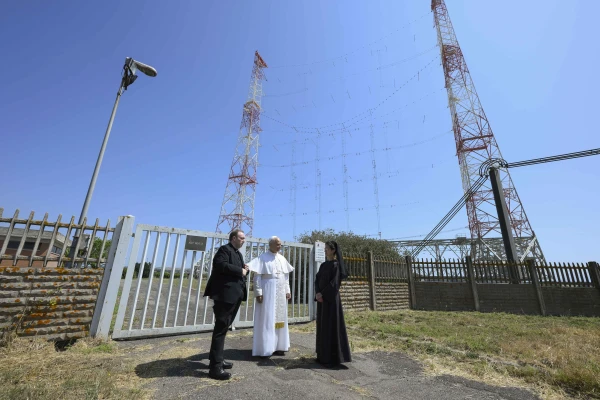 Pope Leo XIV visits the Vatican's radio transmitter station in Santa Maria di Galeria, Italy, a Vatican extra territory outside of Rome, on June 19, 2025. Credit: Vatican Media