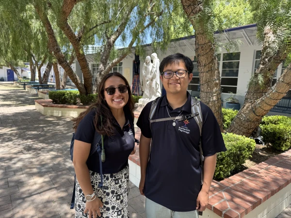 Leslie Reyes-Hernandez and Ace Acuna talk about their experiences as perpetual pilgrims on the 2025 National Eucharistic Pilgrimage at their concluding stop in Los Angeles on June 22, 2025. Credit: Jim Graves/CNA