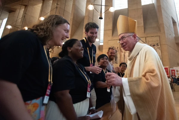 Archbishop José Gomez of Los Angeles greets perpetual pilgrims of the National Eucharistic Pilgrimage at the Cathedral of Our Lady of the Angeles in Los Angeles, California, on June 22, 2025. Credit: Jeffrey Bruno/EWTN