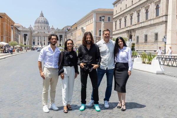 “The Chosen” actors George Xanthis (John the Apostle), Vanessa Benavente (Mother Mary), Jonathan Roumie (Jesus), series creator and director Dallas Jenkins, and Elizabeth Tabish (Mary Magdalene) are at the Vatican the week of June 23, 2025, after wrapping up three weeks of filming in southern Italy for the Crucifixion. Credit: Daniel Ibañez/CNA