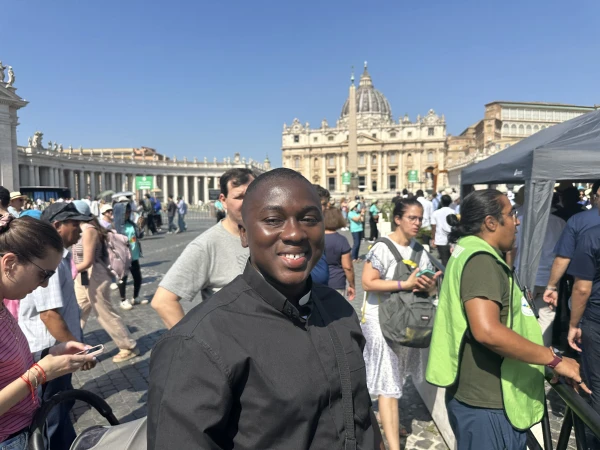 Seminarian Randy Marfo smiles while visiting St. Peter's Basilica in Vatican City, Tuesday, June 24, 2025. Credit: Courtney Mares/CNA