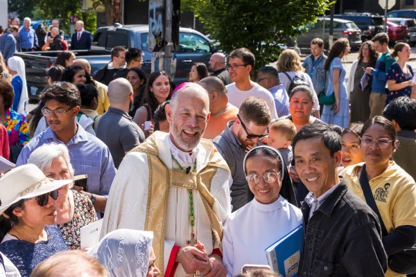Archbishop Alexander Sample, who was visibly moved during the event, presided over Mass and led a Eucharistic procession for approximately 3,000 people in Portland, Oregon, on Sunday, June 22, 2025. Credit: Dylan Encarnacion