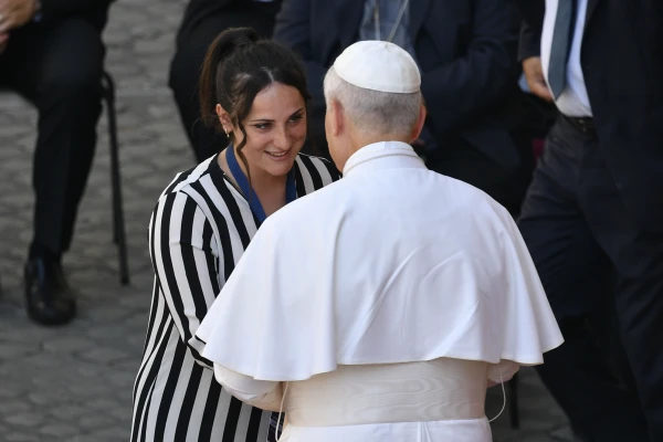 Pope Leo XIV speaks with an anti-drug advocate at the Apostolic Palace in Vatican City, Thursday, June 26, 2025. Credit: Vatican Media