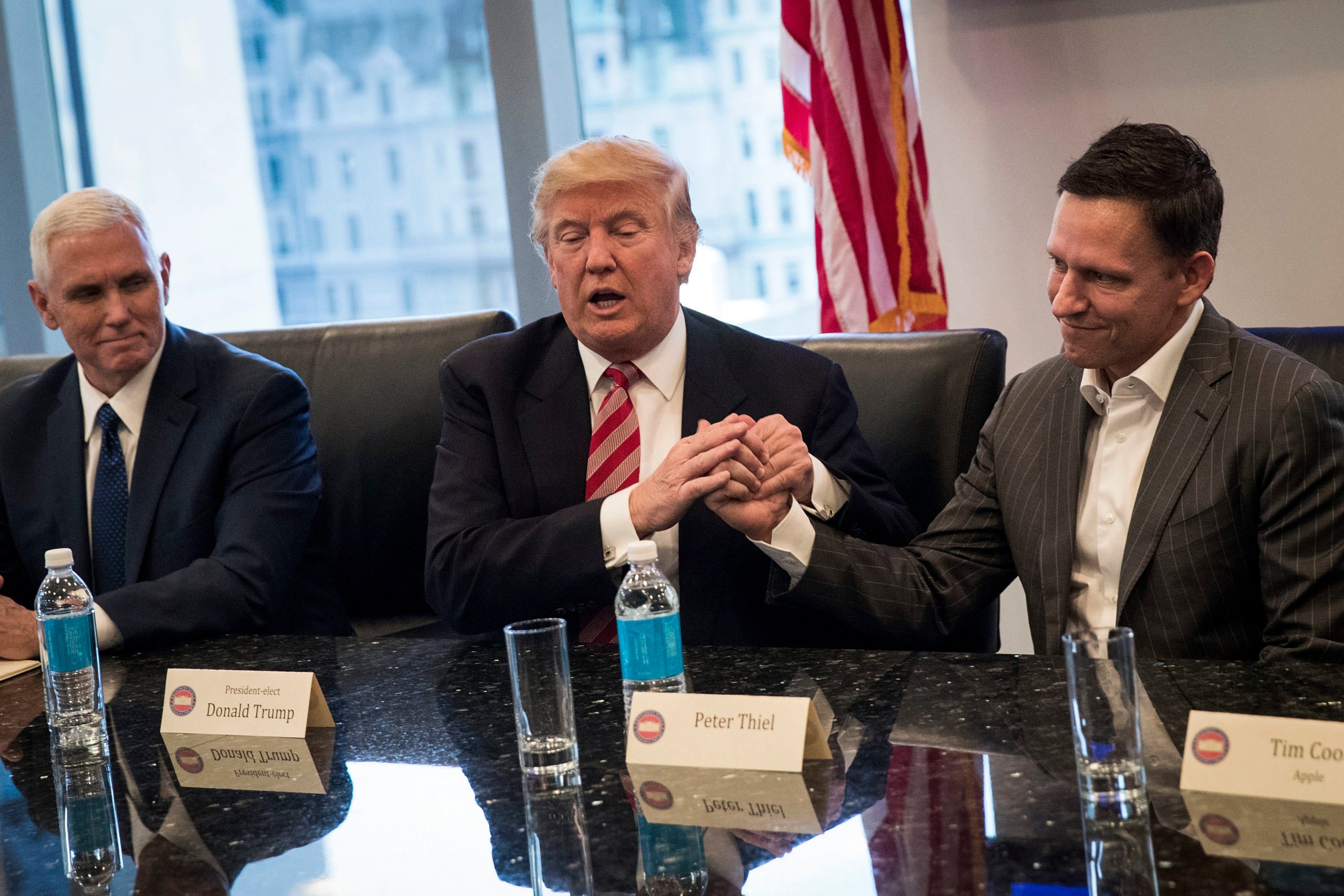 NEW YORK, NY - DECEMBER 14: (L to R) Vice President-elect Mike Pence looks on as President-elect Donald Trump shakes the hand of Peter Thiel during a meeting with technology executives at Trump Tower, December 14, 2016 in New York City. (Photo by Drew Angerer/Getty Images)