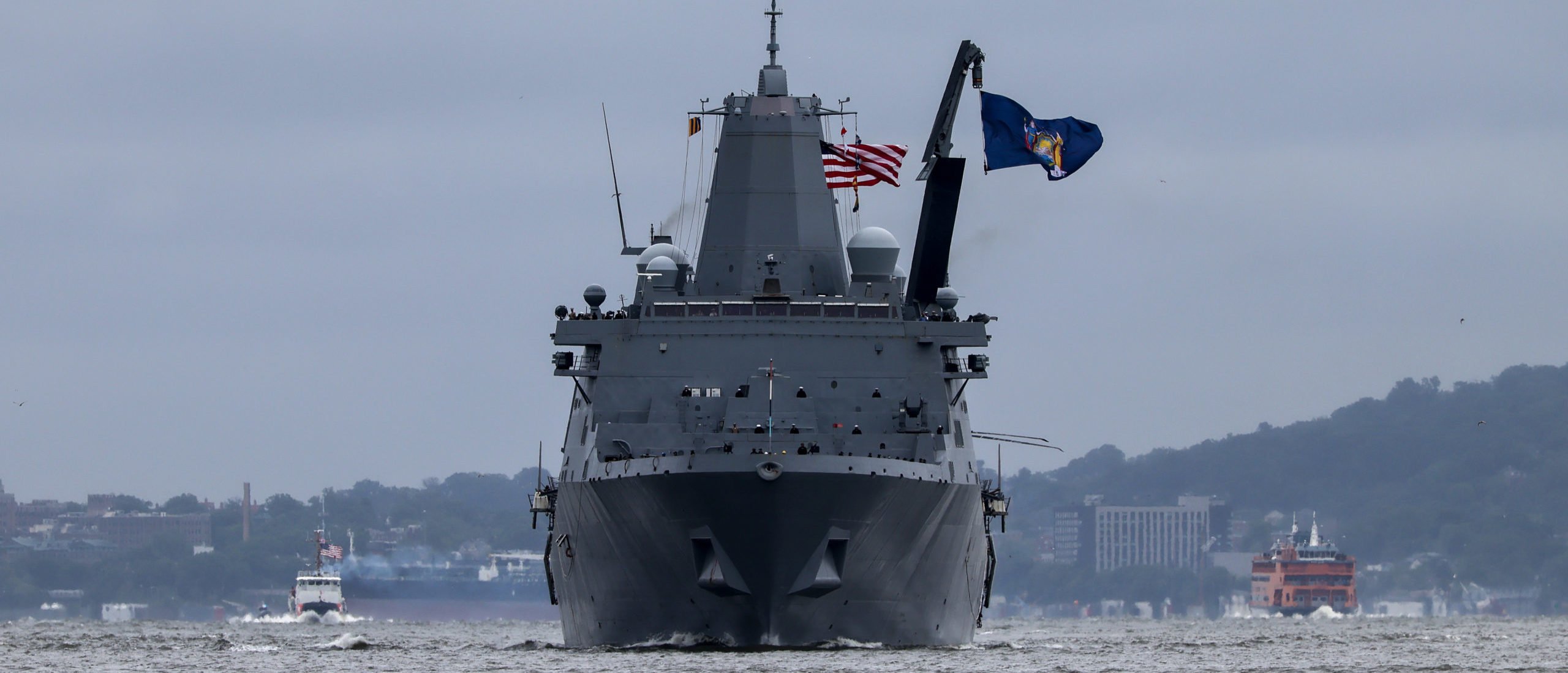The USS New York arrives with the Parade of Ships into New York Harbor during the start of the 37th annual Fleet Week on May 21, 2025 in New York City. The ships travel past the Statue of Liberty and Battery Park in lower Manhattan before ending just below the George Washington Bridge. Fleet Week brings thousands of active service members to New York City for a week of ship tours, concerts, demonstrations and other events that give New Yorkers a close up view of the U.S. military. (Photo by Spencer Platt/Getty Images)