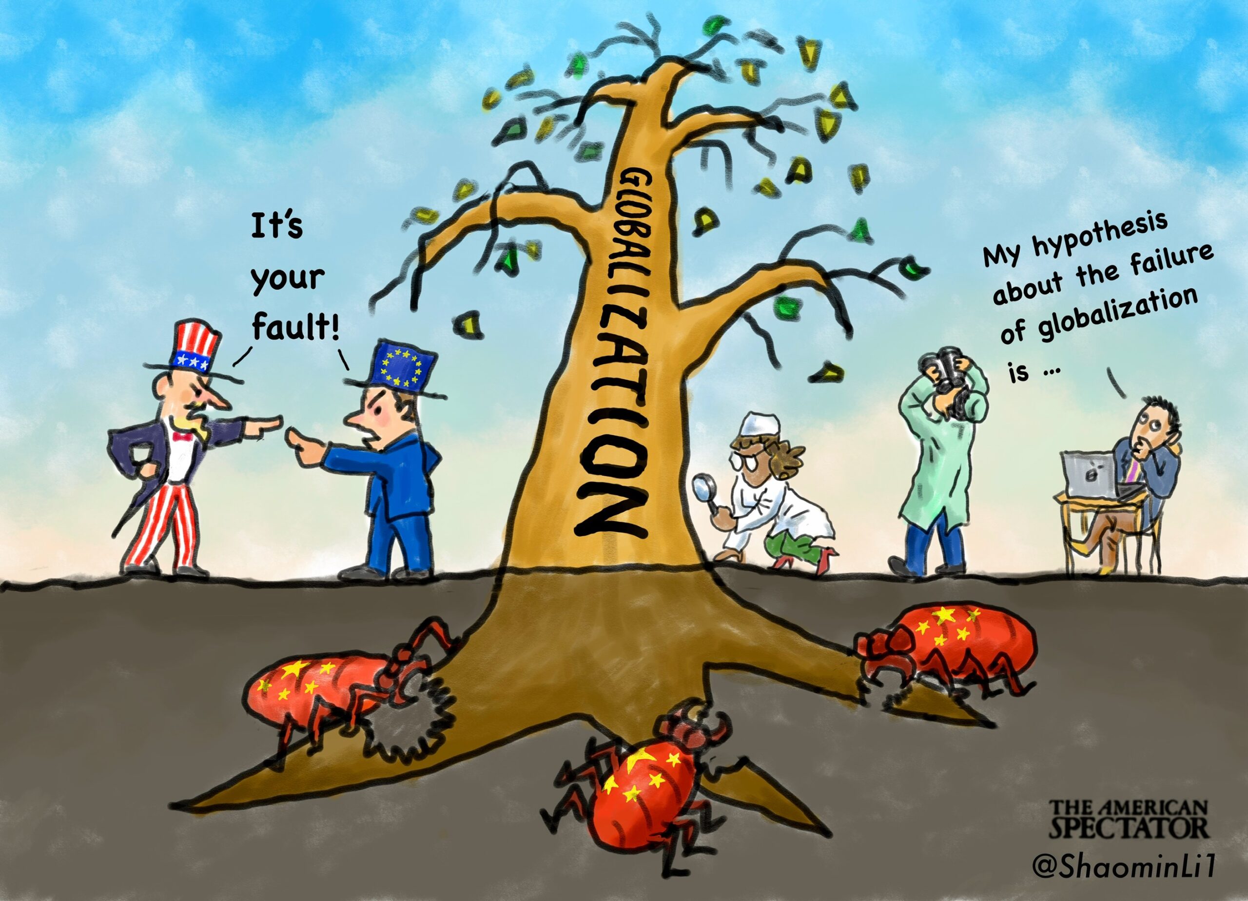 ‘Elites Diagnose Globalization’s Fall,’ editorial cartoon by Shaomin Li for The American Spectator on June 28, 2025.