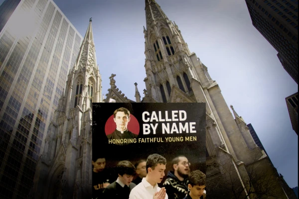 The Called By Name flier pictured against the backdrop of St. Patrick's Cathedral in Manhattan. The flier is being made present in churches across New York. Credit: Archdiocese of New York
