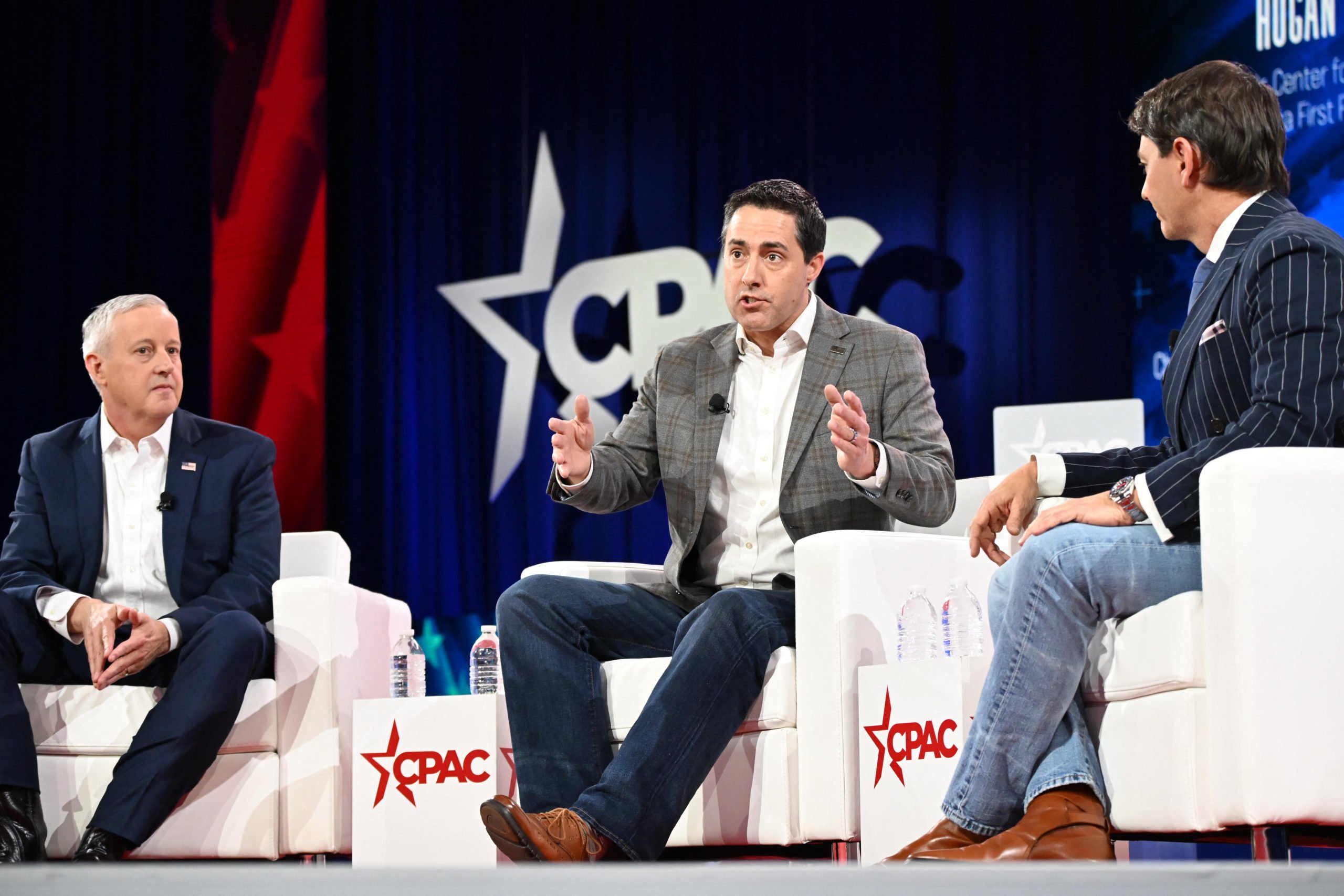 (L to R) Michael Whatley, Chairman of the Republican National Committee, Frank Larose, Secretary of State of Ohio, and Hogan Ridley, Vice Chair of the Center for Election Integrity America First Policy Institute speak during the annual Conservative Political Action Conference (CPAC) at the Gaylord National Resort & Convention Center at National Harbor in Oxon Hill, Maryland, on February 21, 2025. (Photo by Alex Wroblewski / AFP) (Photo by ALEX WROBLEWSKI/AFP via Getty Images)