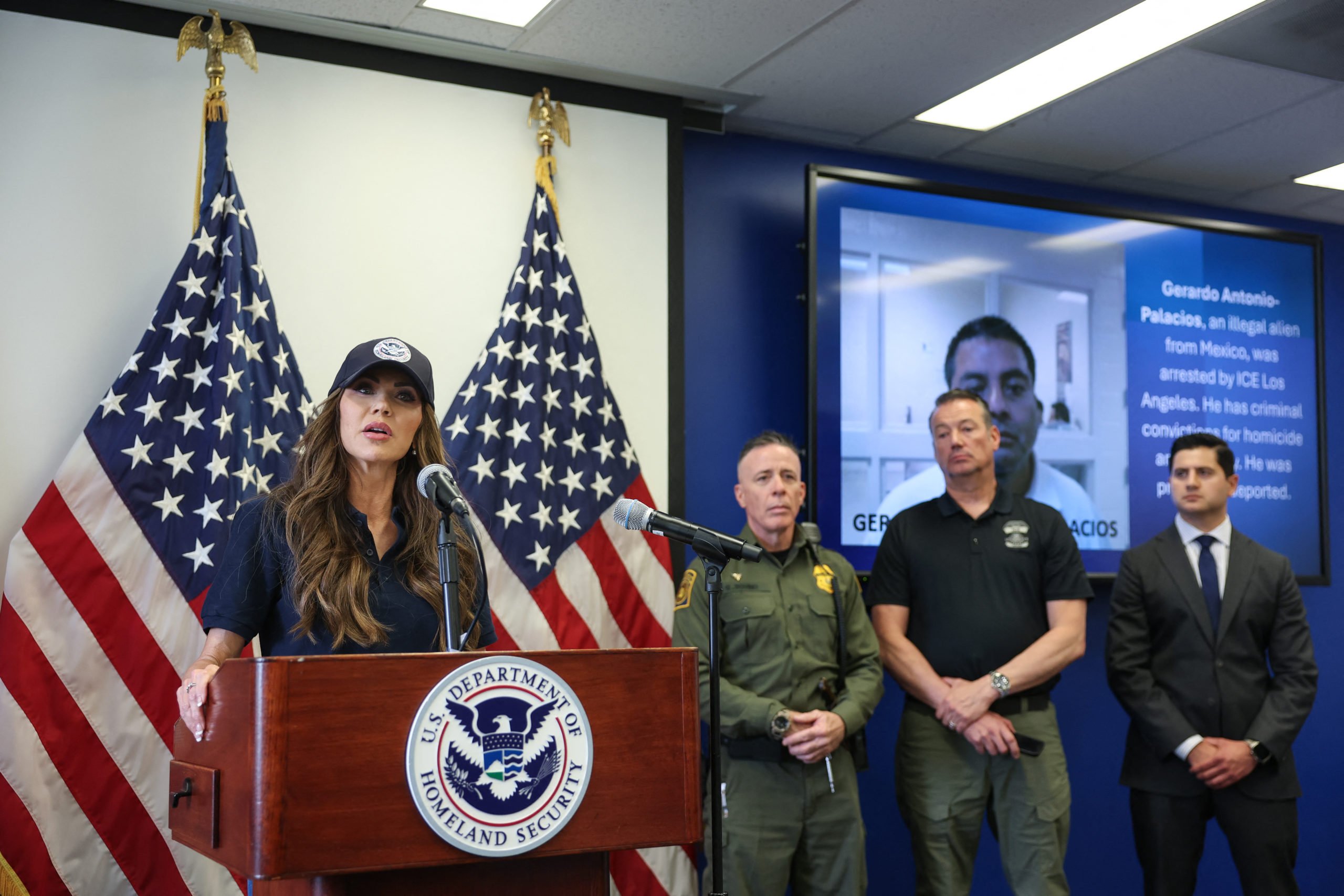 US Department of Homeland Security Secretary Kristi Noem speaks during a news conference at the Wilshire Federal Building in Los Angeles on June 12, 2025. (Photo by PATRICK T. FALLON/AFP via Getty Images)