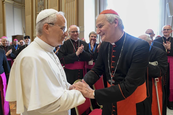 Pope Leo XIV meets with Cardinal Matteo Zuppi, the president of the Italian Bishops’ Conference, at a meeting with the Italian bishops on June 17, 2025, at the Vatican. Credit: Vatican Media