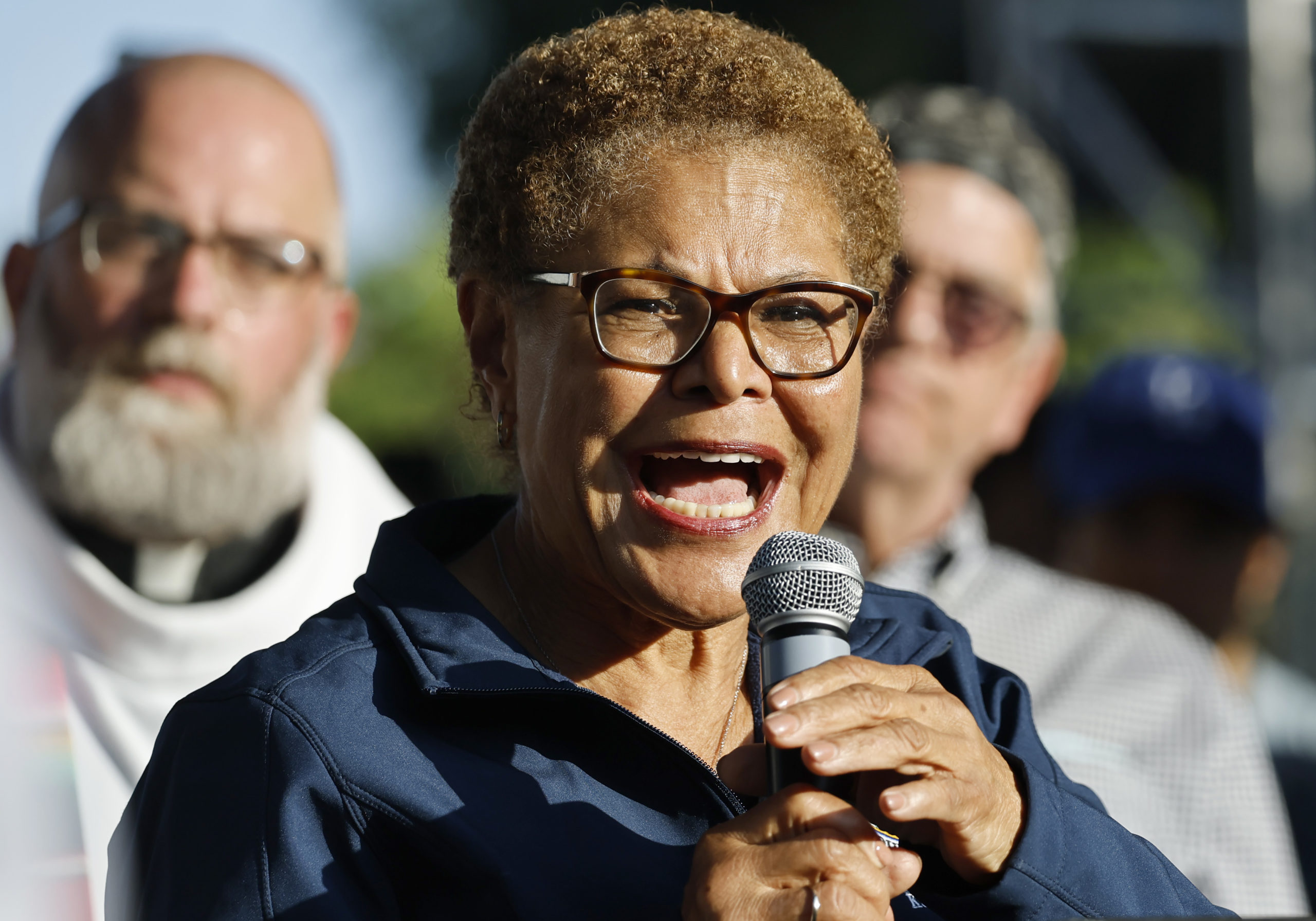 LOS ANGELES, CALIFORNIA - JUNE 10: Los Angeles Mayor Karen Bass speaks at a candlelight vigil on June 10, 2025 in Los Angeles, California. (Photo by Mario Tama/Getty Images)